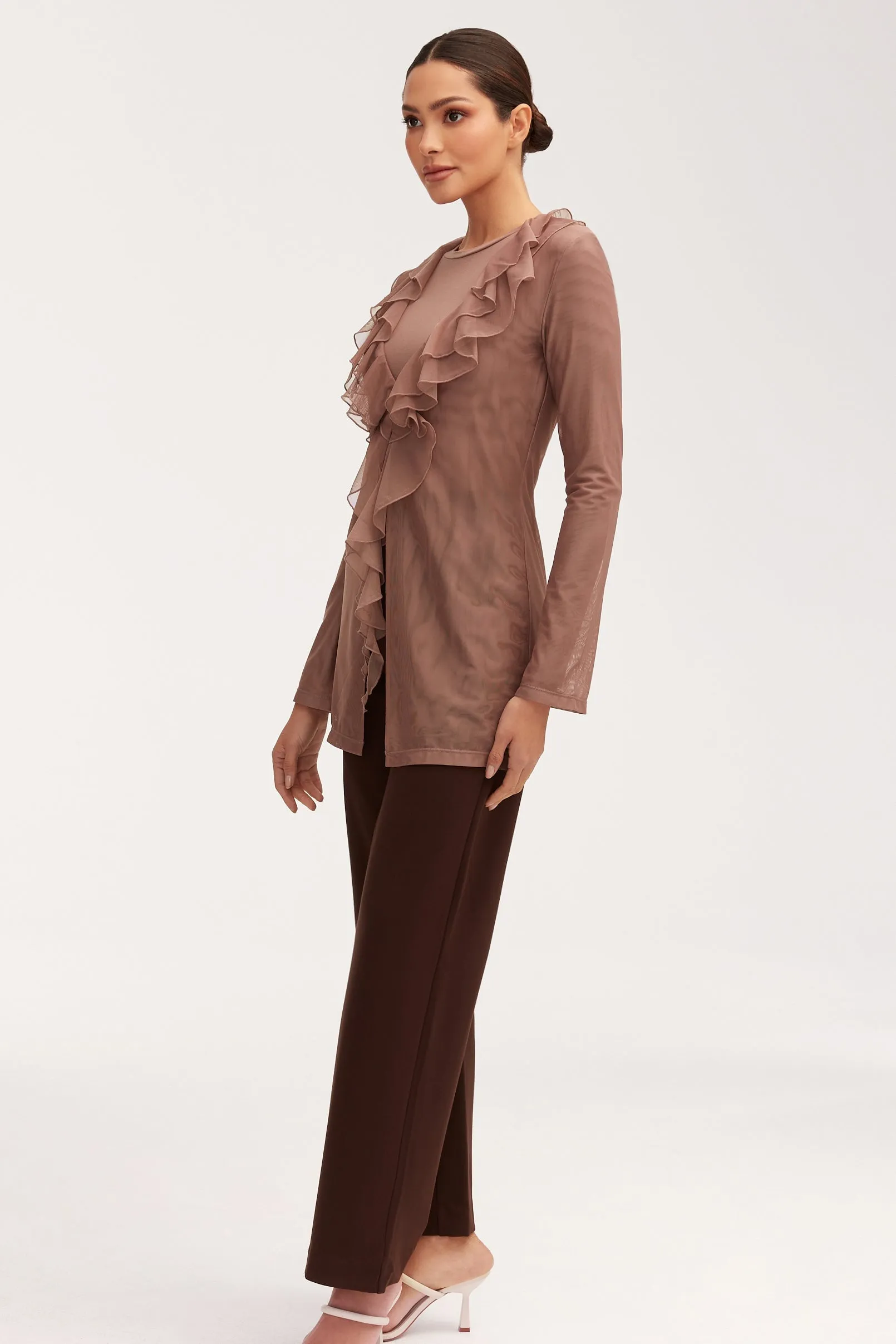 Mesh Ruffle Top - Deep Taupe