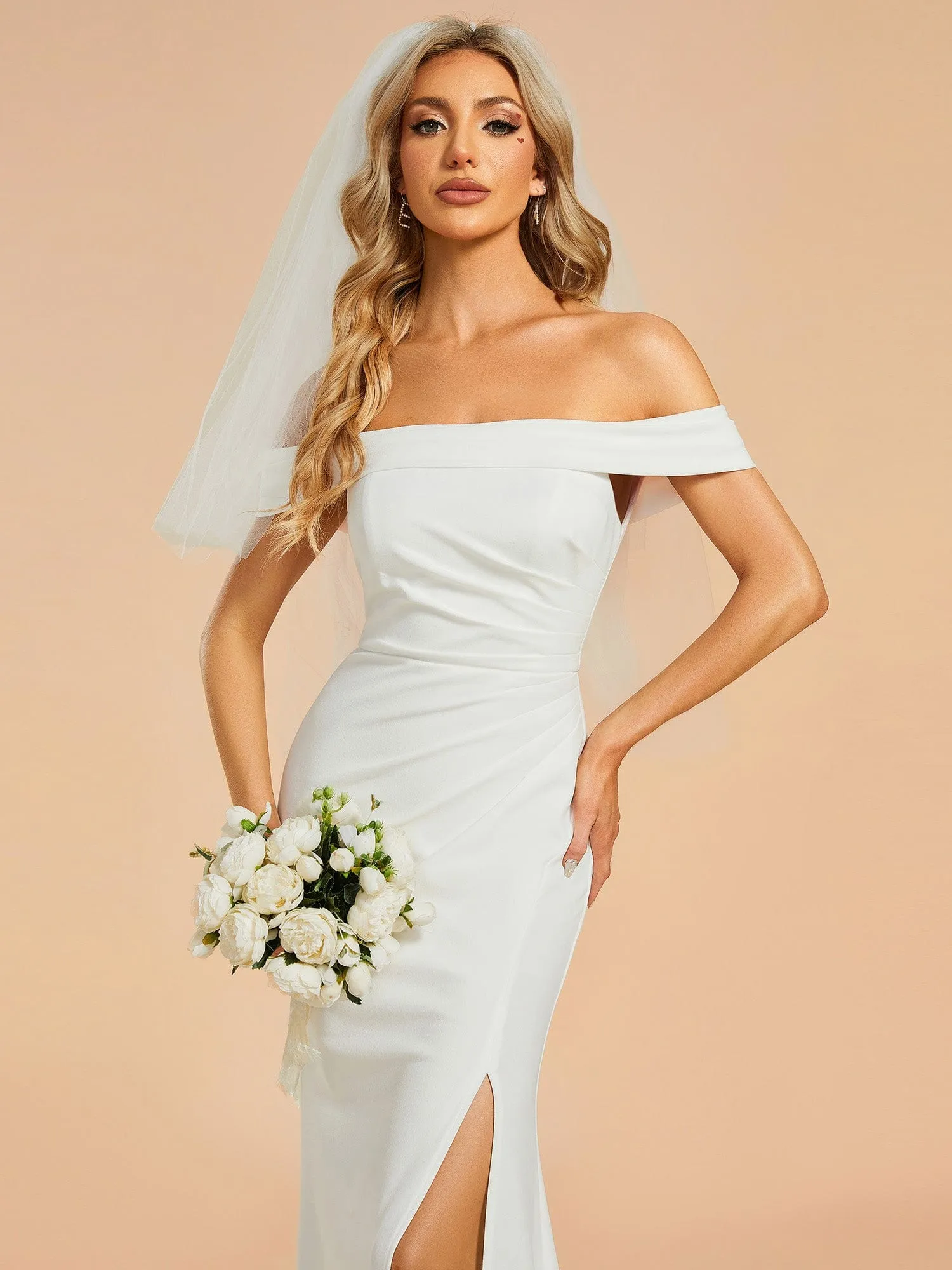 Off Shoulder Pleated Mermaid Wedding Dress featuring High Slit