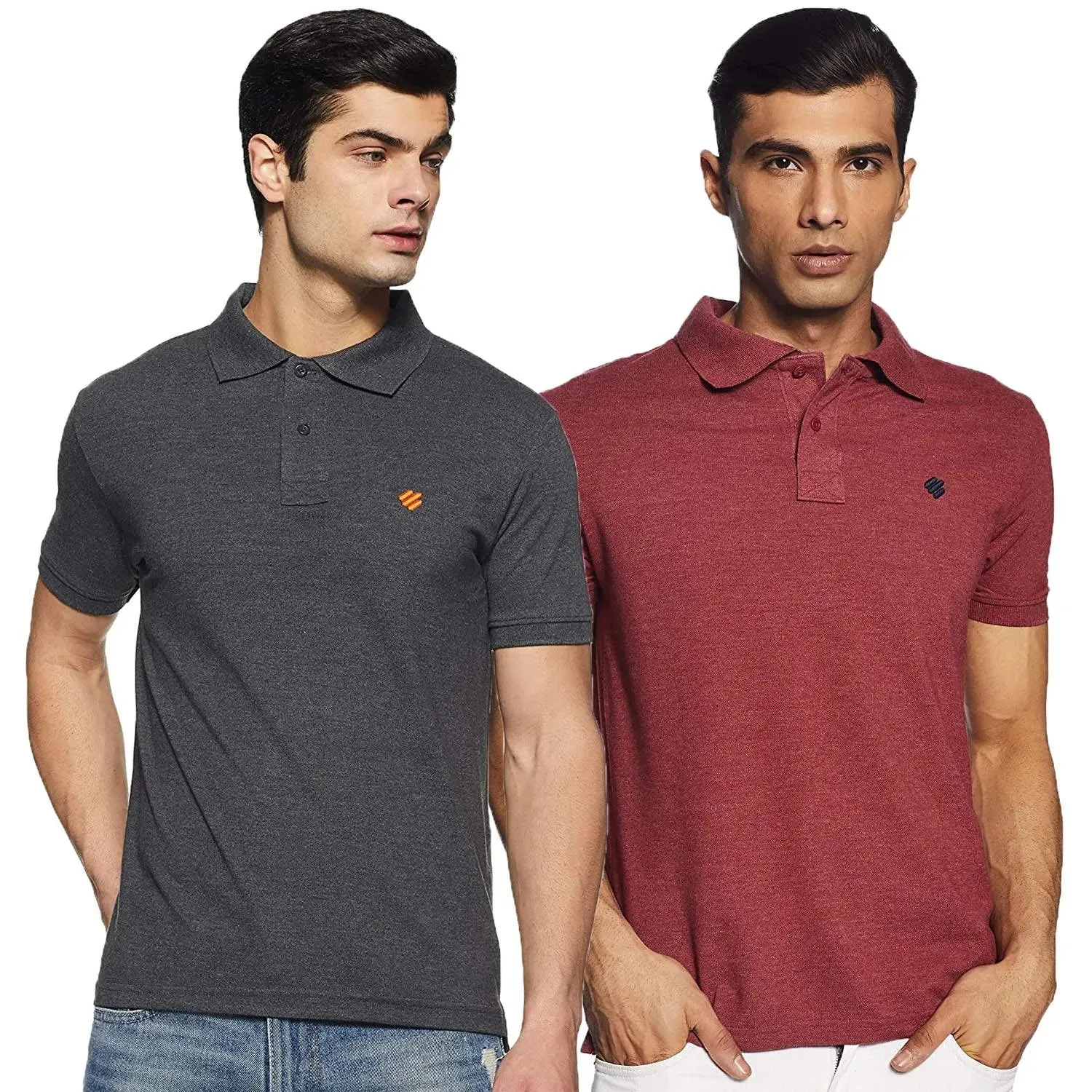 ONN Men's Cotton Polo T-Shirt (Pack of 2) in Solid Black Melange-Wine colours