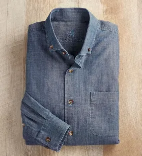 Mens Patrick James Chambray Long Sleeve Button-Up Shirt - Stylish Modern Fit Cotton Blend