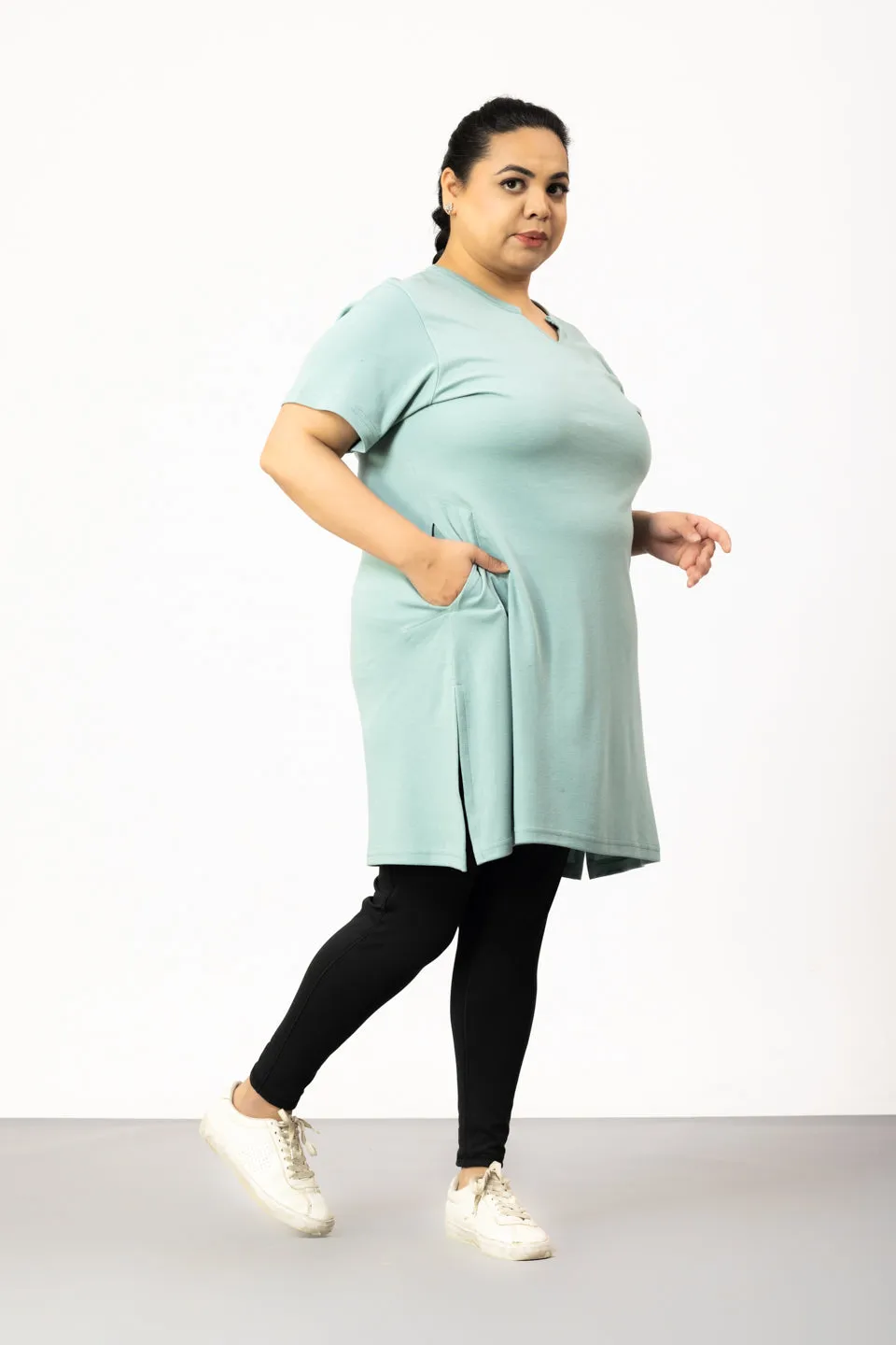 Plus Size Half Sleeves Long Top For Women - Sage