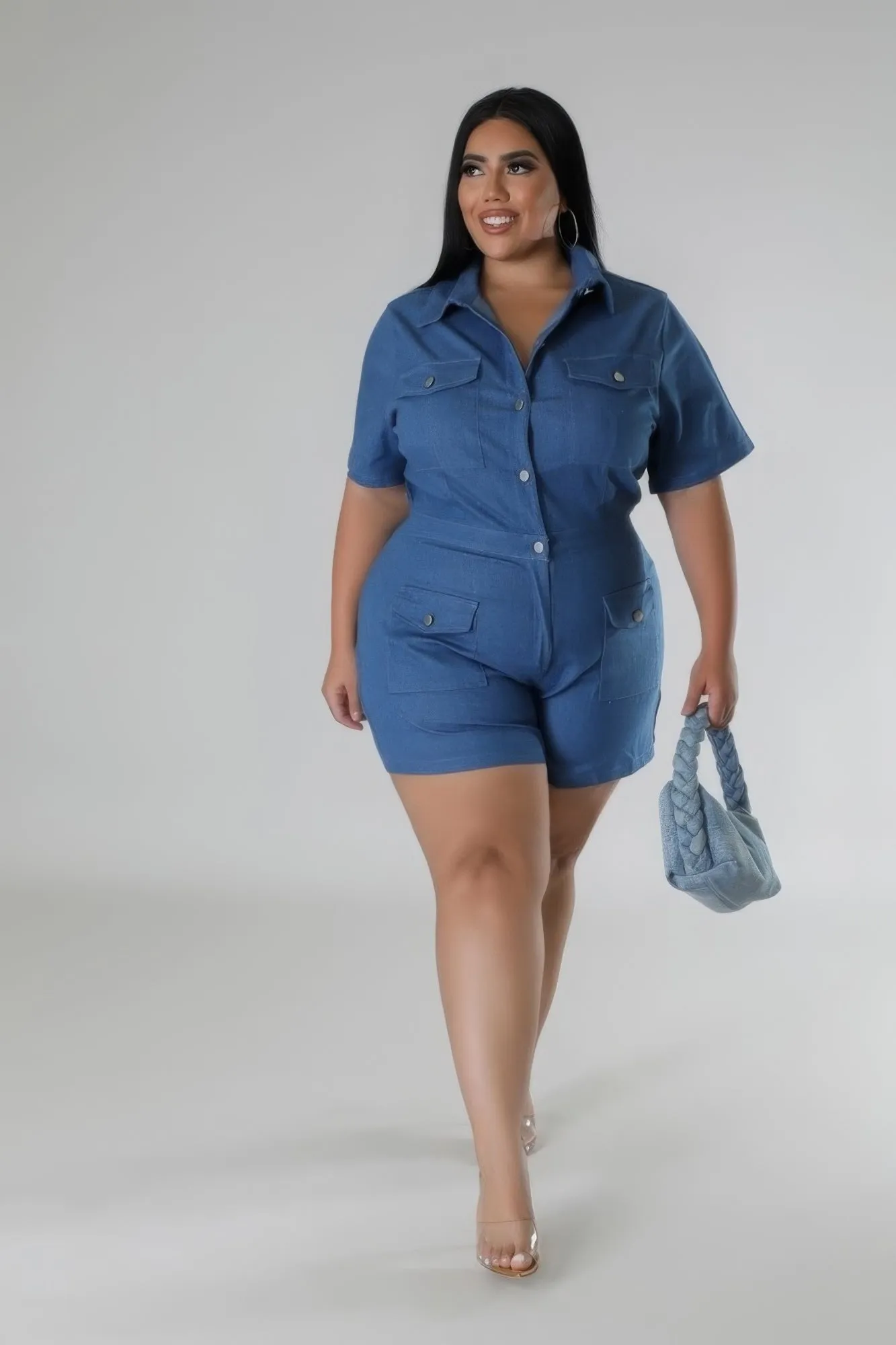 Plus Size Semi-Stretch Denim Romper