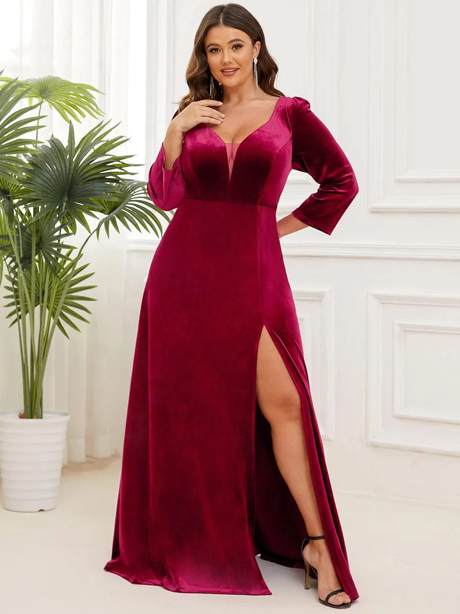 Plus Size Velvet Plunging V-Neck Front Slit 3/4 Sleeve Evening Dress