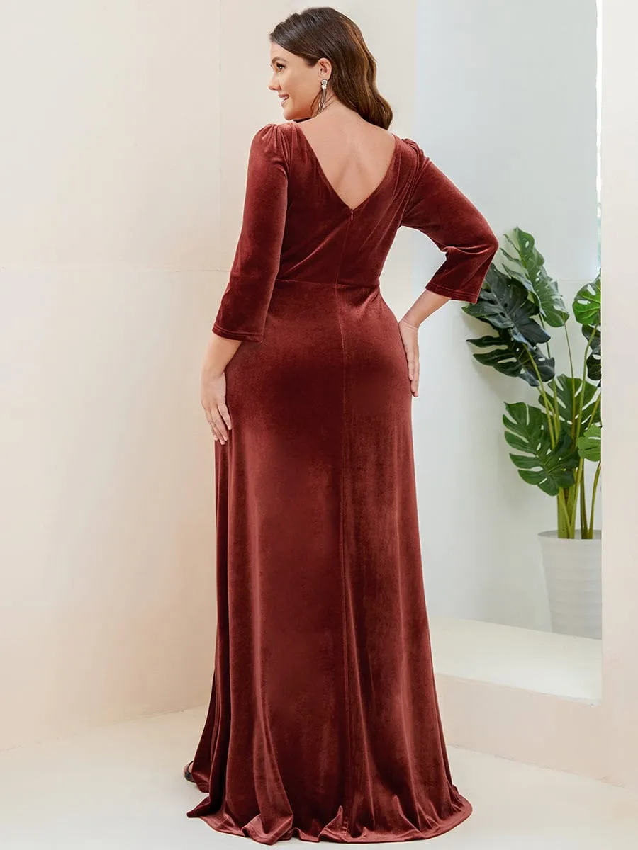 Plus Size Velvet Plunging V-Neck Front Slit 3/4 Sleeve Evening Dress