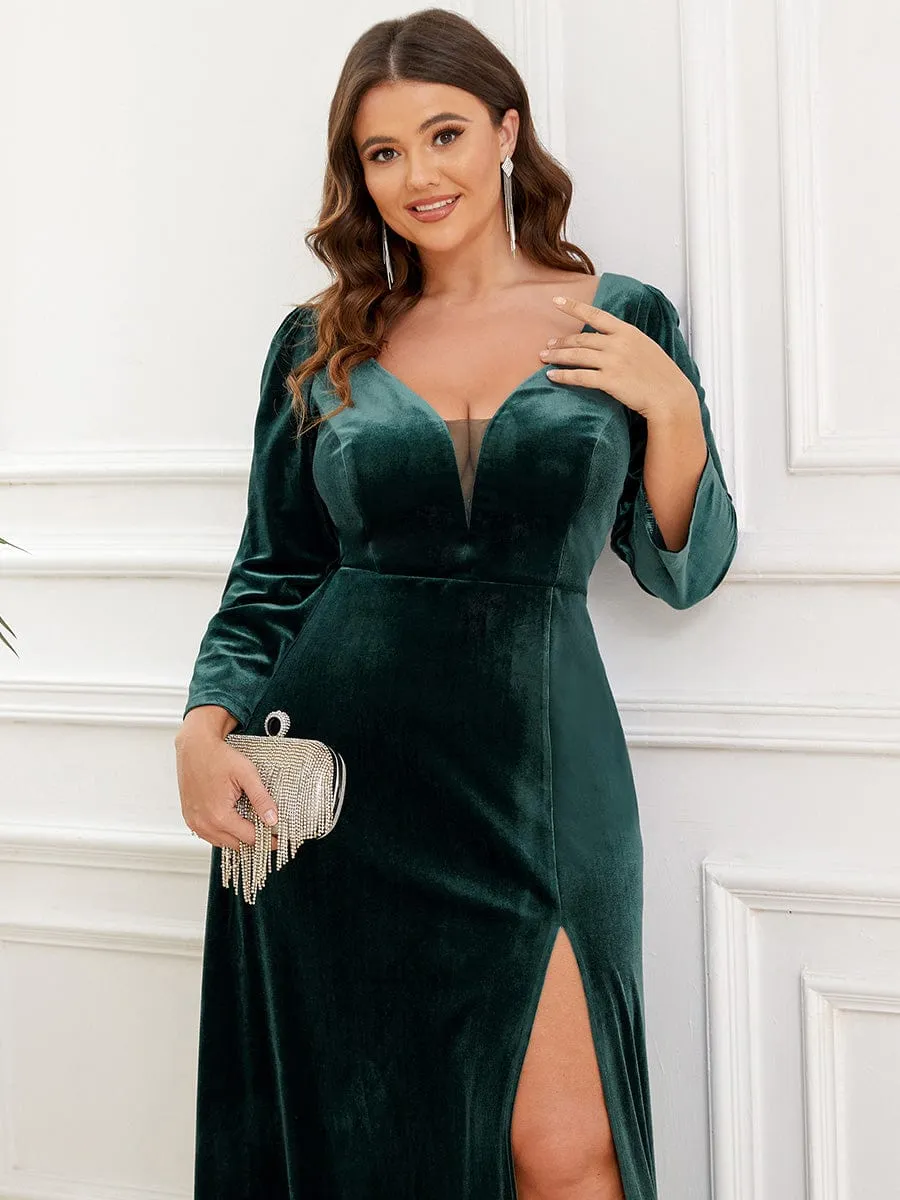 Plus Size Velvet Plunging V-Neck Front Slit 3/4 Sleeve Evening Dress