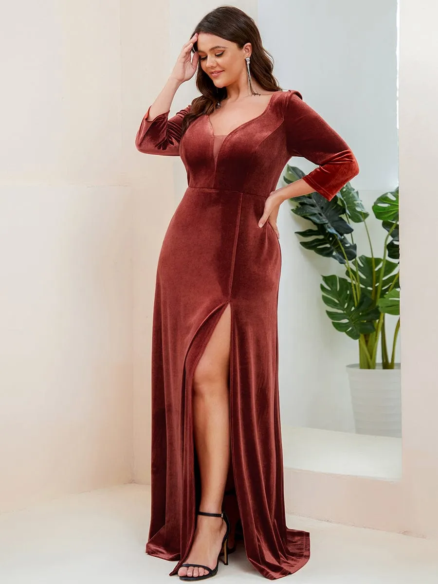 Plus Size Velvet Plunging V-Neck Front Slit 3/4 Sleeve Evening Dress