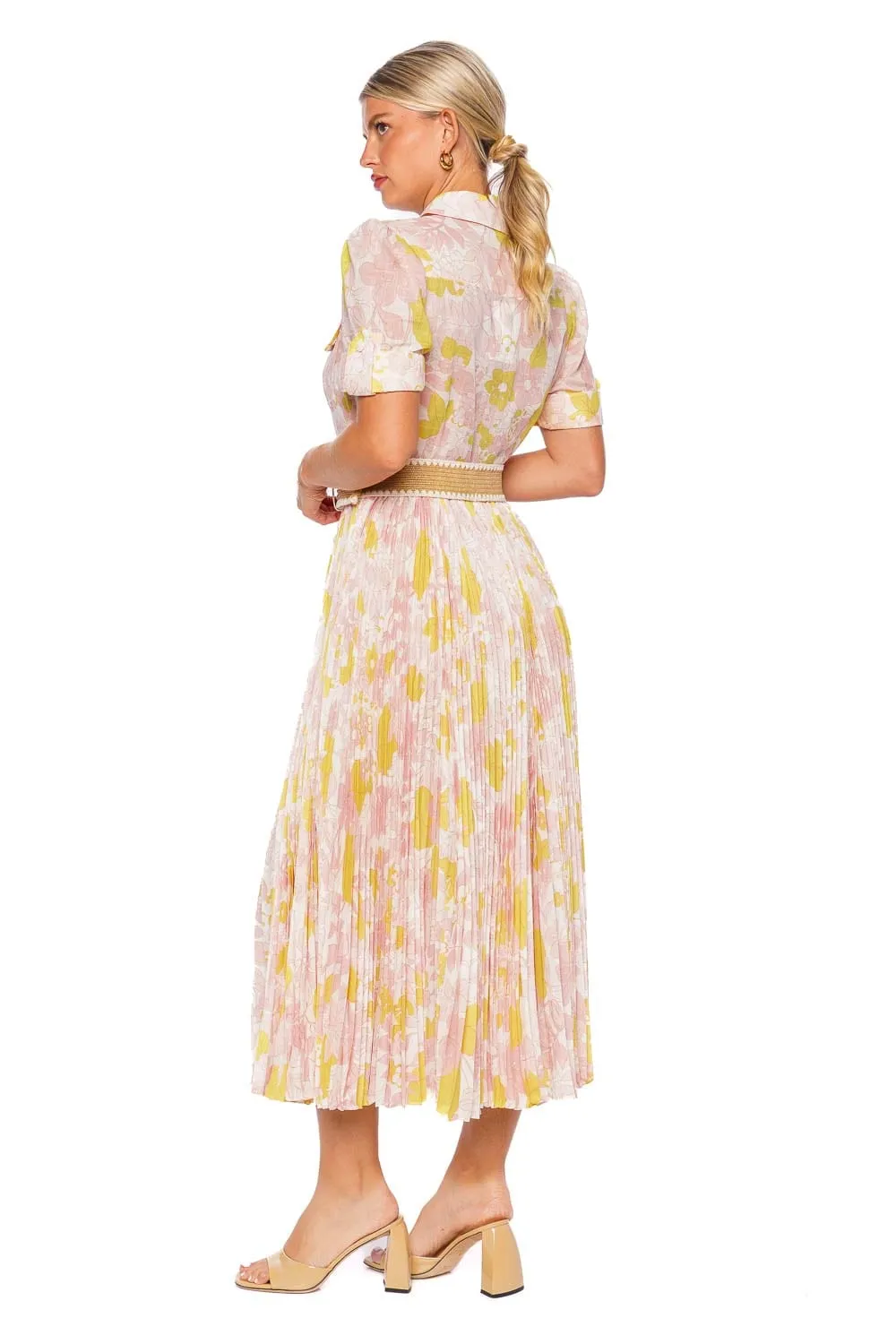 Pop Pleated Floral Belted Midi Dress