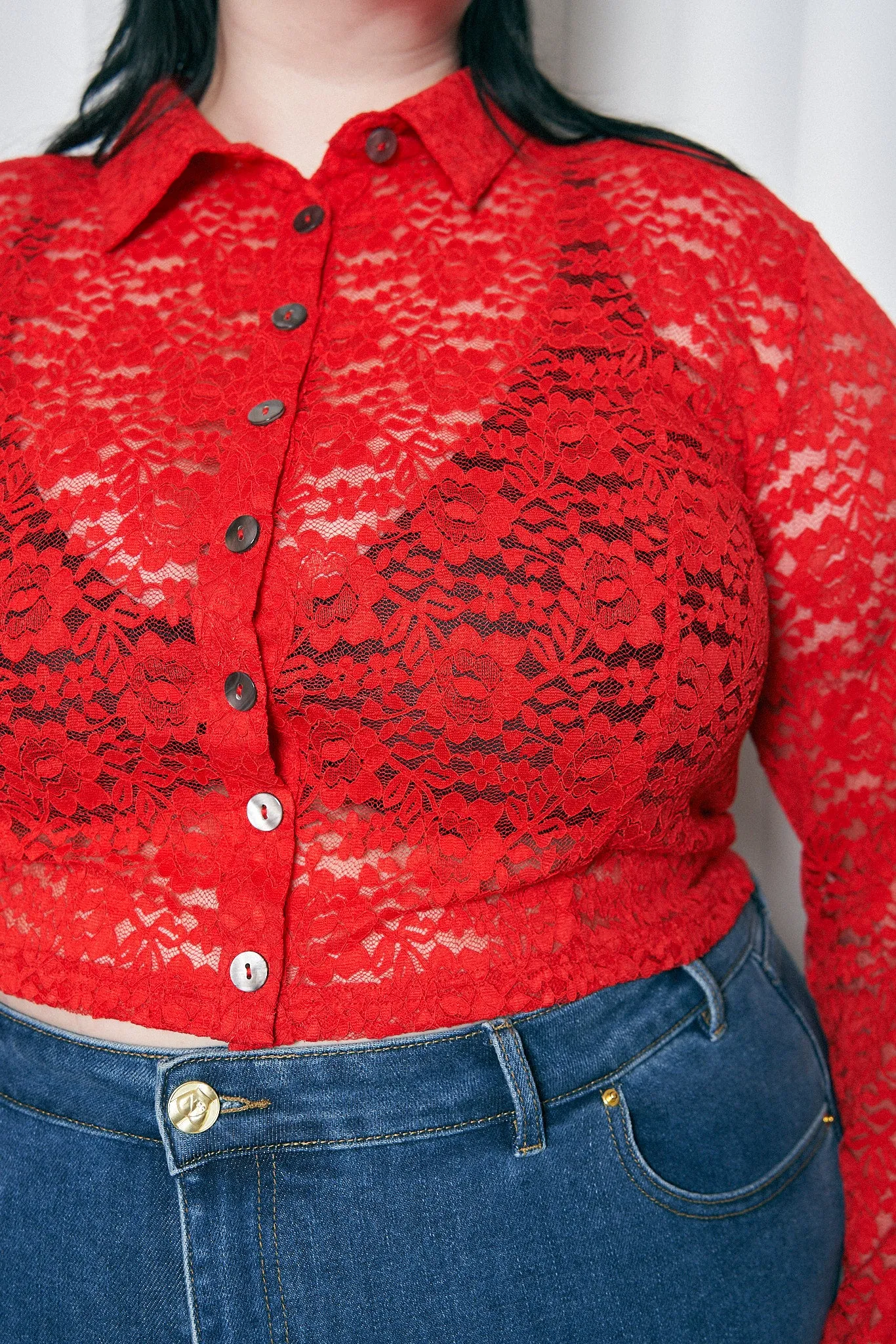 Red Rose Lace Button Down Long Sleeve