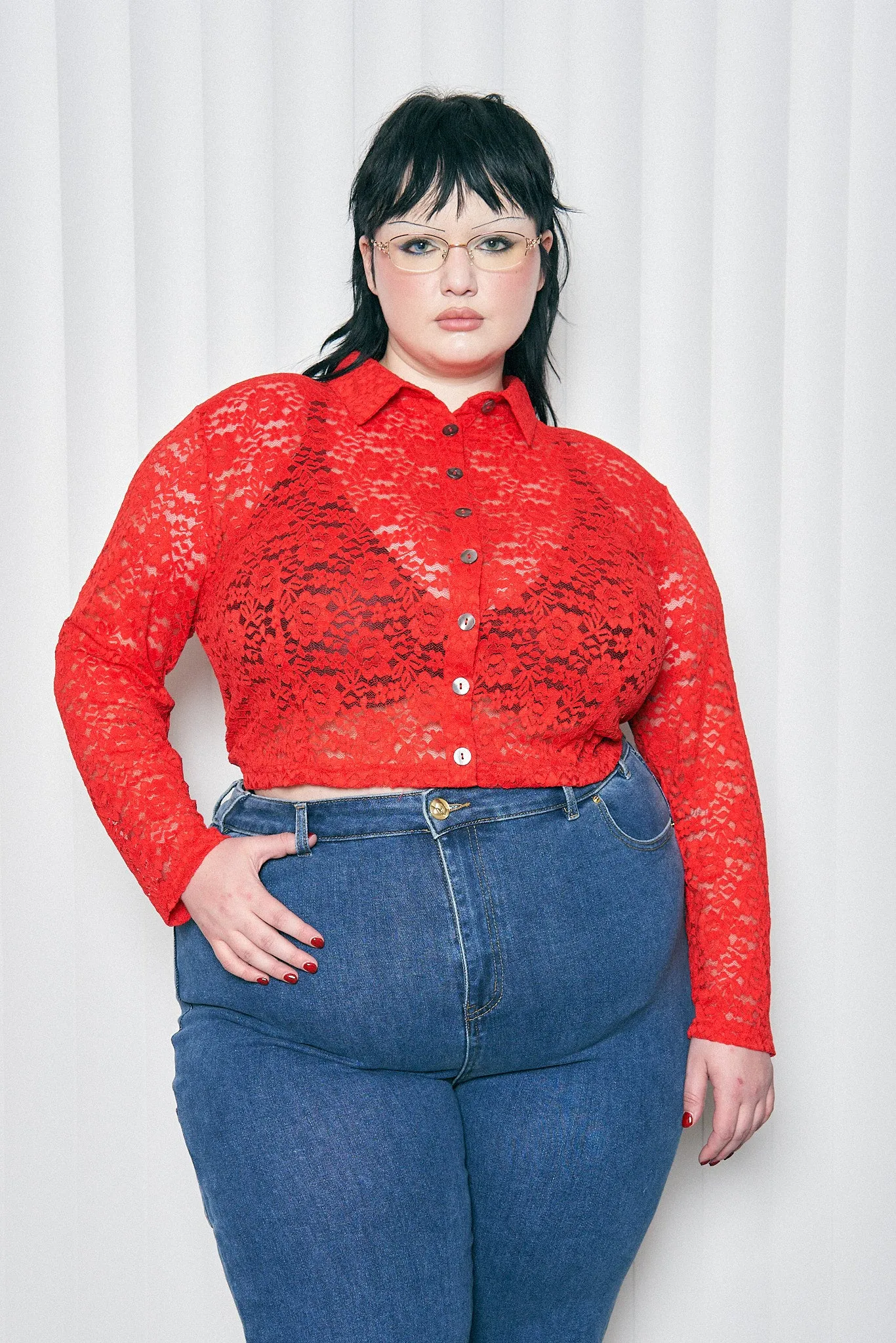 Red Rose Lace Button Down Long Sleeve