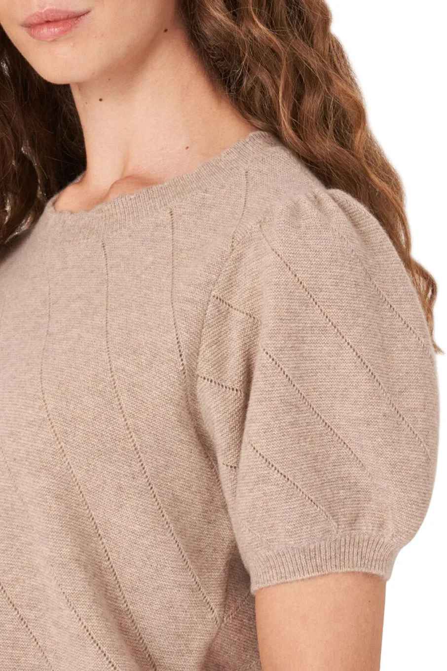 Repeat Cashmere Short Sleeve Pointelle Cashmere Sweater
 in Pebble