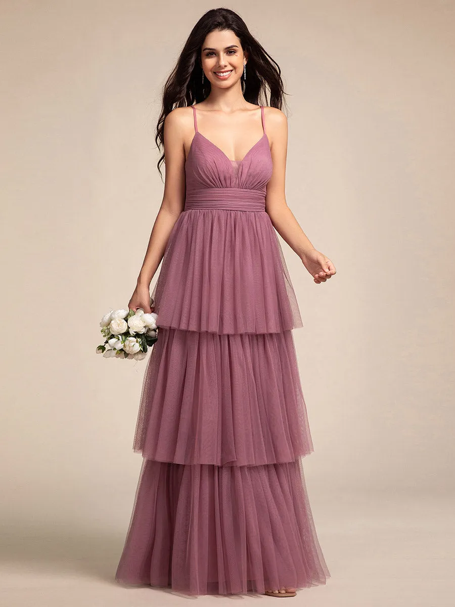 Romantic V Neck See-Through Cake pleated Bridesmaid Tulle Dresses