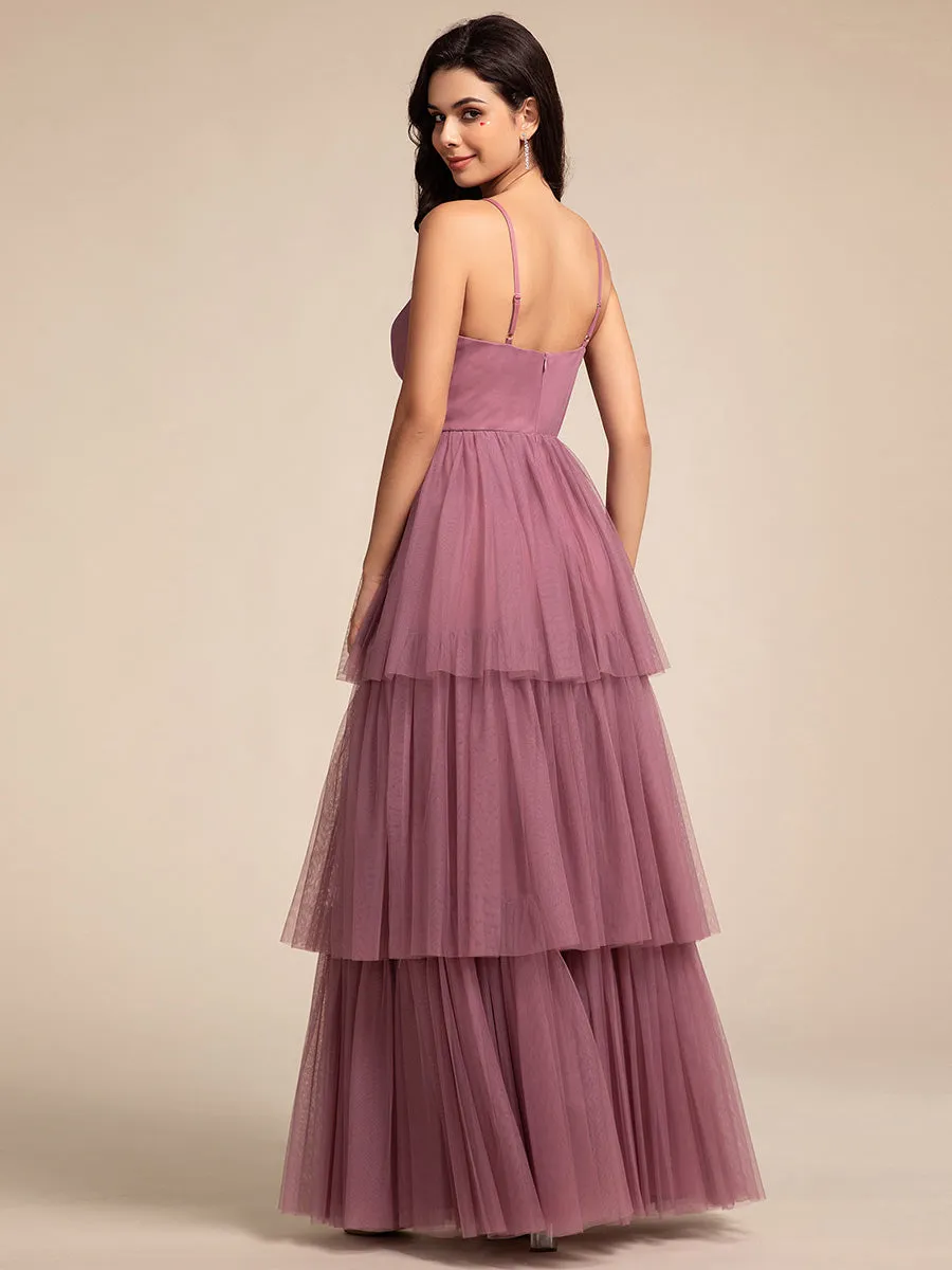 Romantic V Neck See-Through Cake pleated Bridesmaid Tulle Dresses