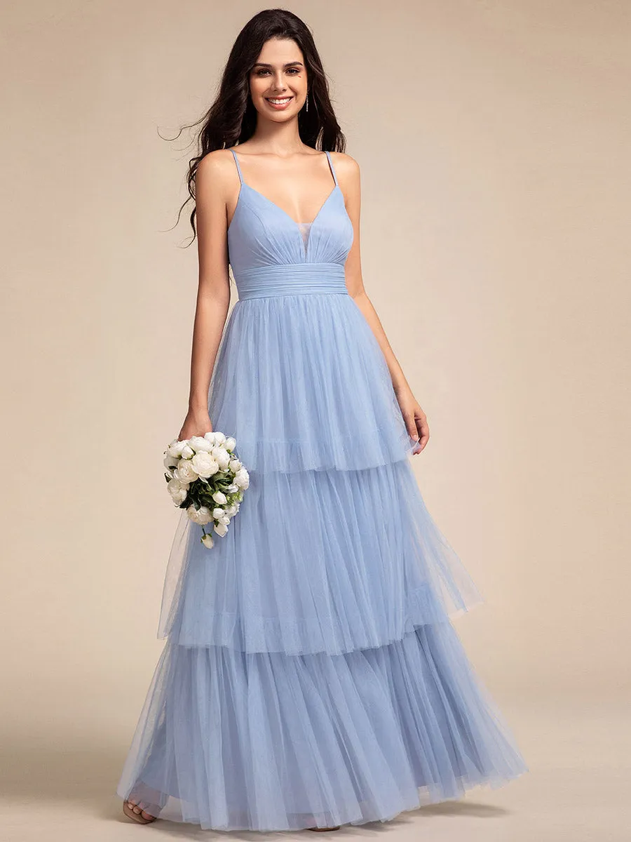 Romantic V Neck See-Through Cake pleated Bridesmaid Tulle Dresses