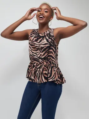 Safari Ayana Sleeveless Gathered Hem Top - Brown Tiger Print