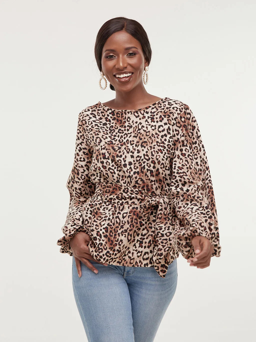 Safari Basic Bishop Sleeve Top - Brown Animal Print