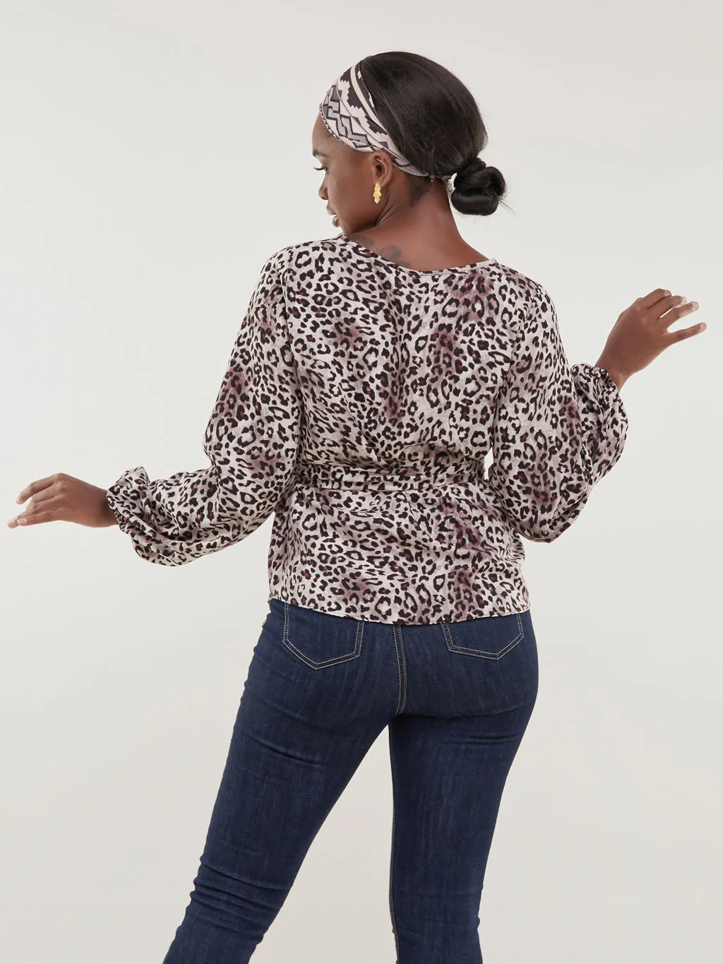 Safari Basic Bishop Sleeve Top -  Burgundy Animal Print