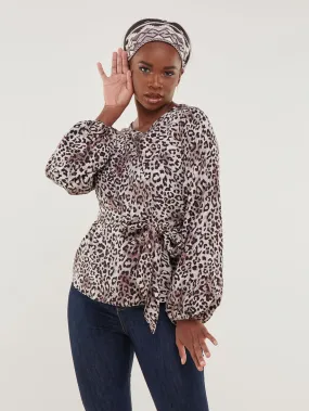 Safari Basic Bishop Sleeve Top -  Burgundy Animal Print