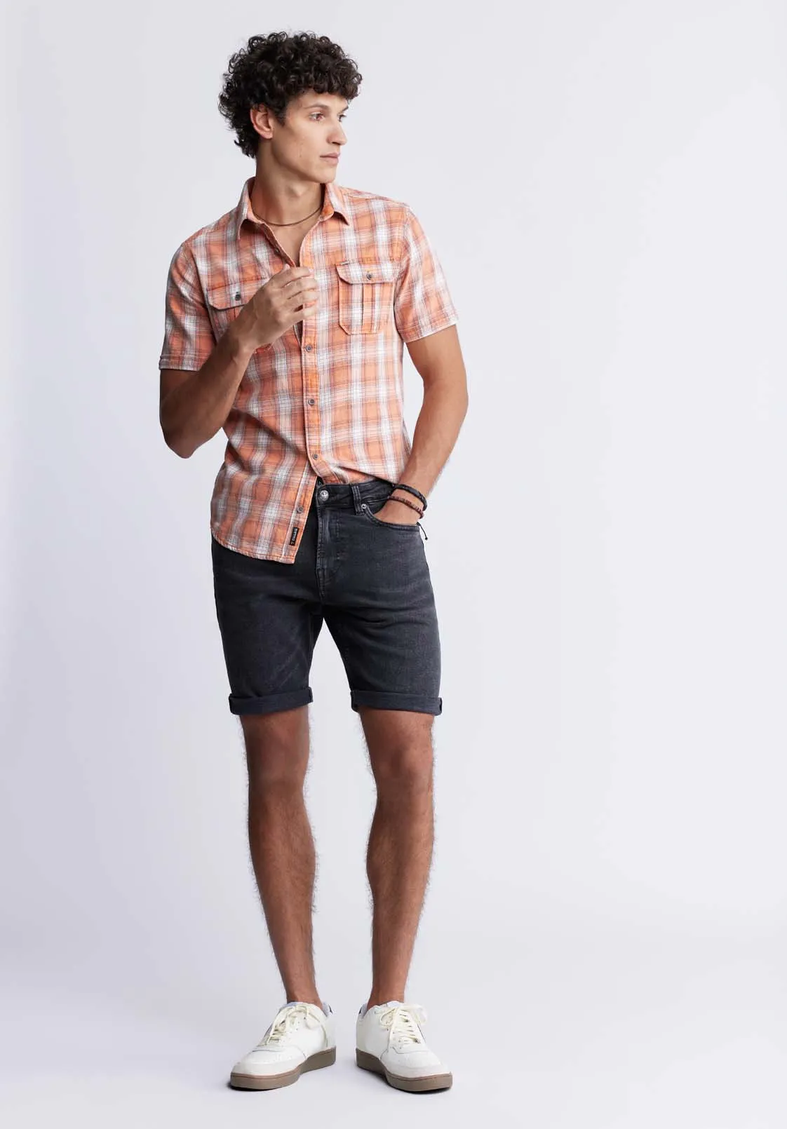 Sazid Men's Short-Sleeve Plaid Shirt in Tangerine - BM24281