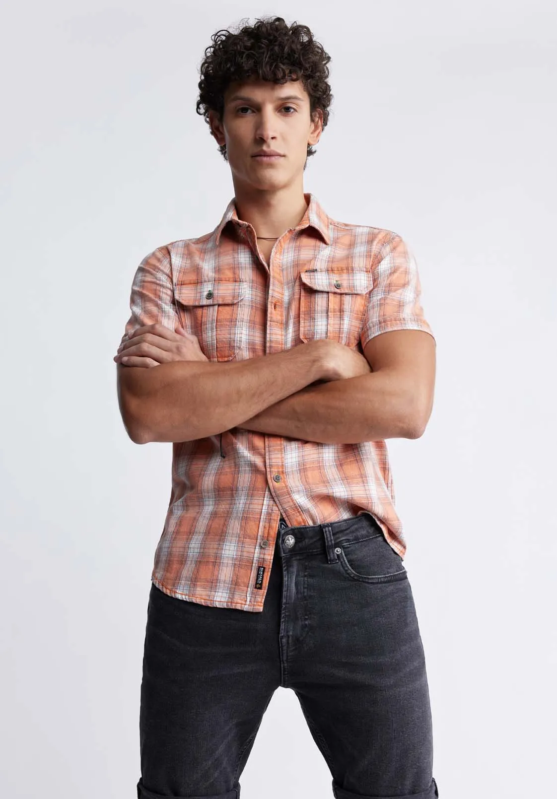 Sazid Men's Short-Sleeve Plaid Shirt in Tangerine - BM24281