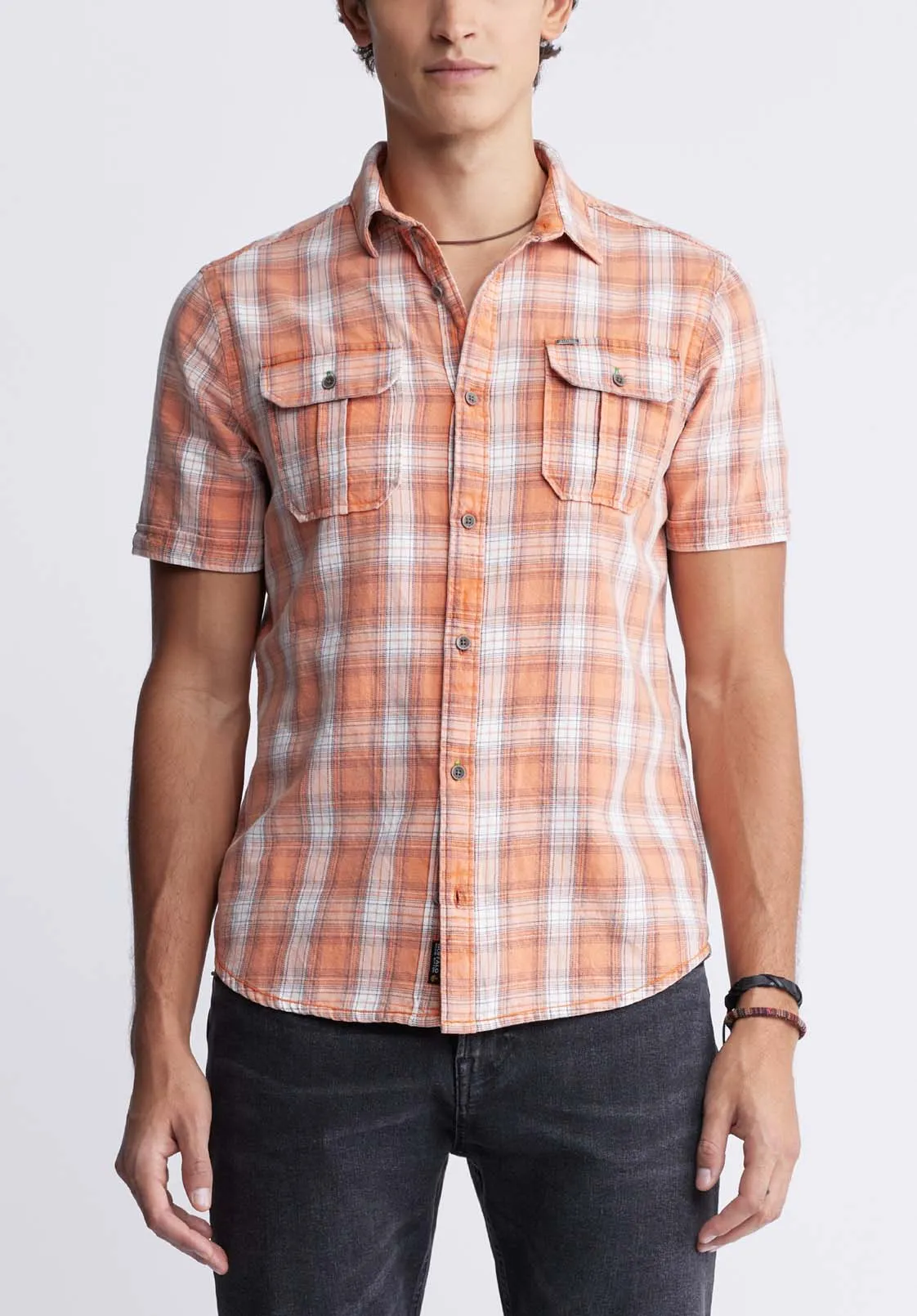 Sazid Men's Short-Sleeve Plaid Shirt in Tangerine - BM24281