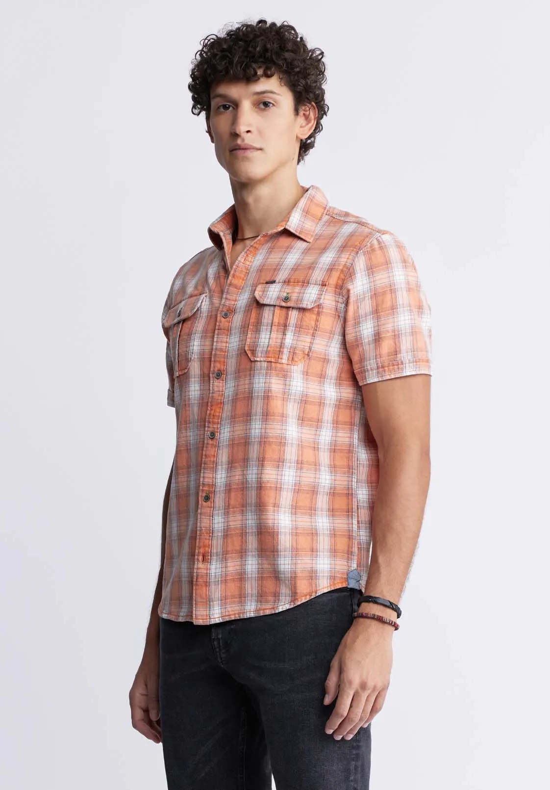 Sazid Men's Short-Sleeve Plaid Shirt in Tangerine - BM24281