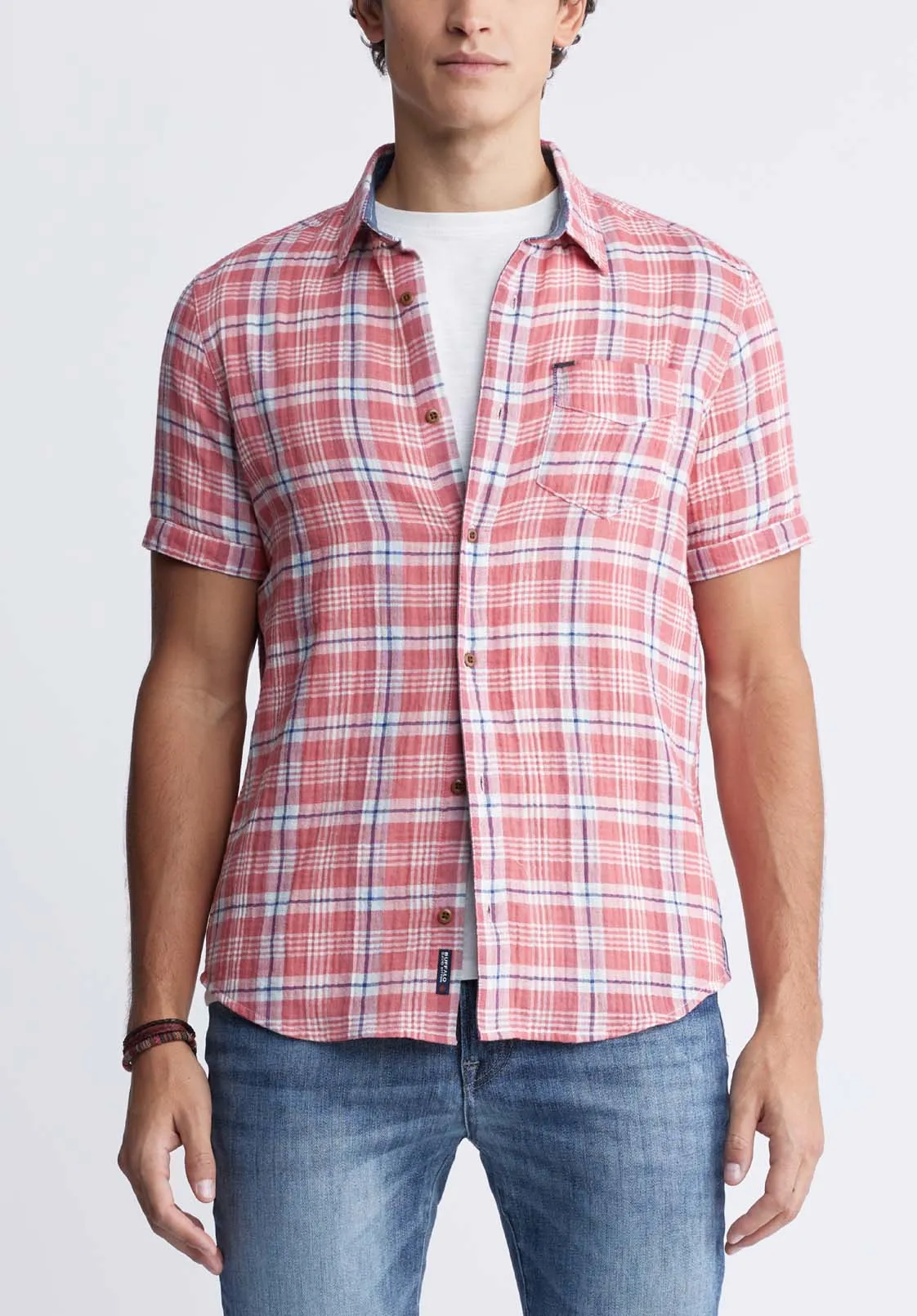 Sirilo Men’s Plaid Short Sleeve Shirt in Mineral Red - BM24283