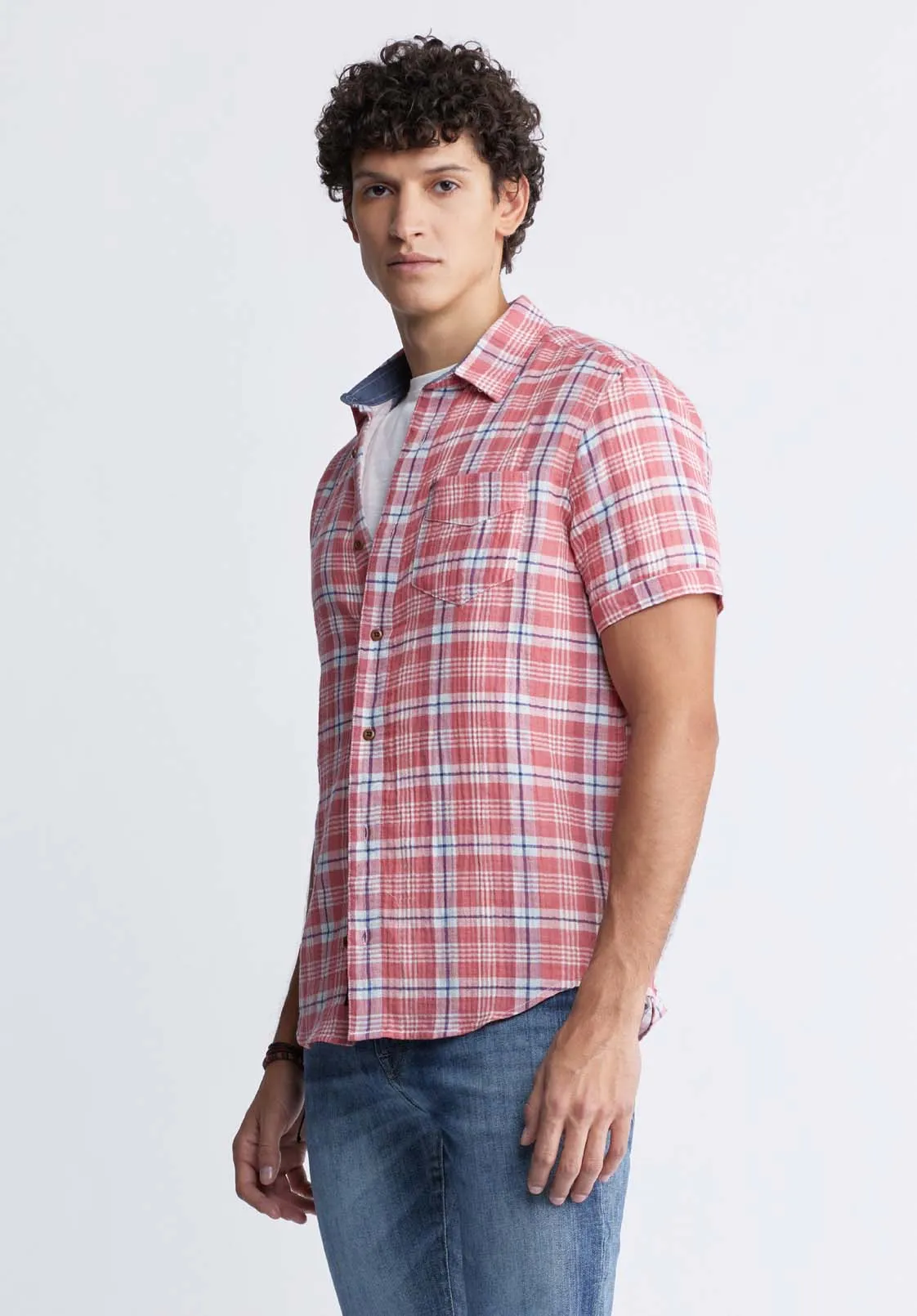 Sirilo Men’s Plaid Short Sleeve Shirt in Mineral Red - BM24283