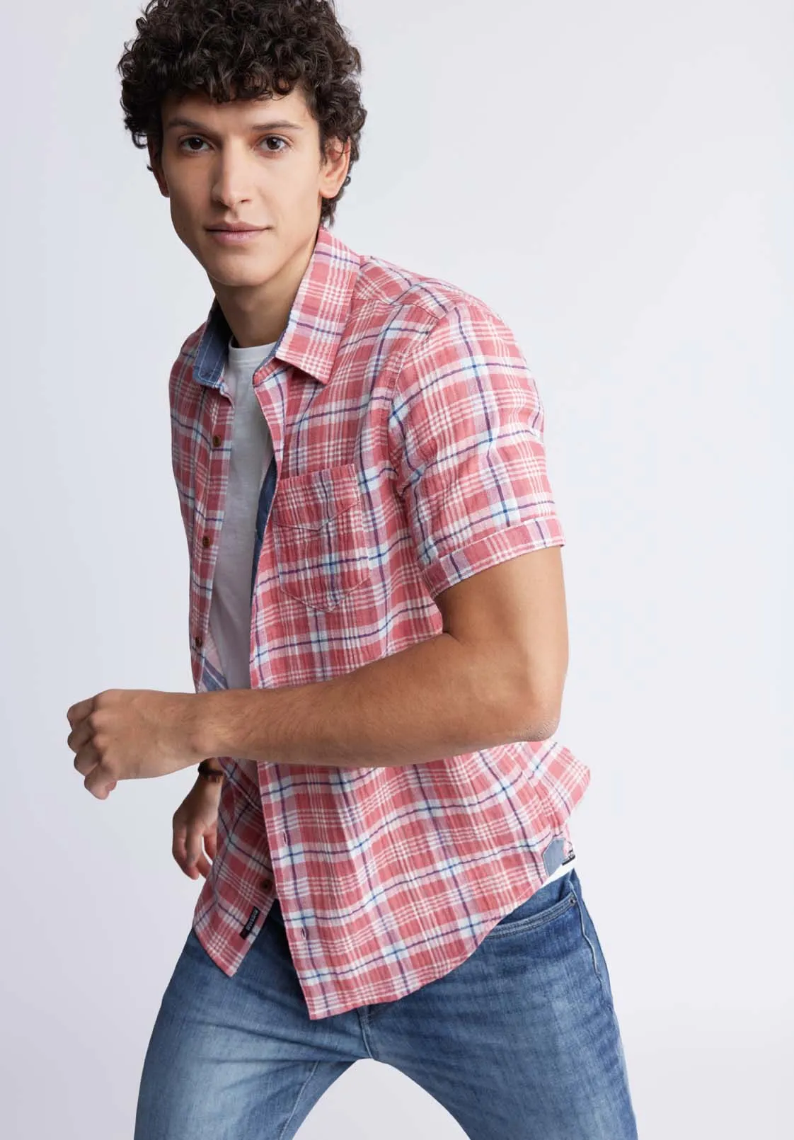 Sirilo Men’s Plaid Short Sleeve Shirt in Mineral Red - BM24283