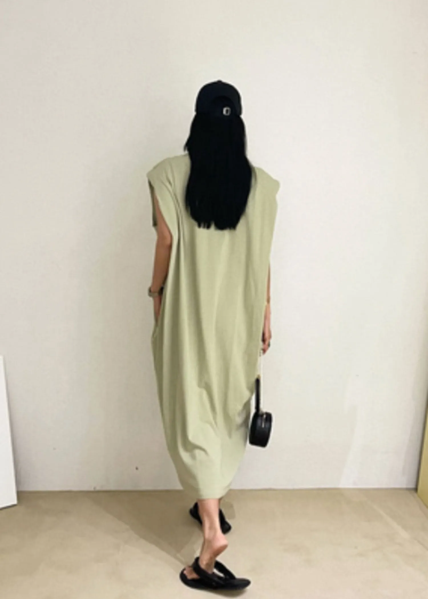 Sleeveless Padded Shoulder Long Dress in Khaki