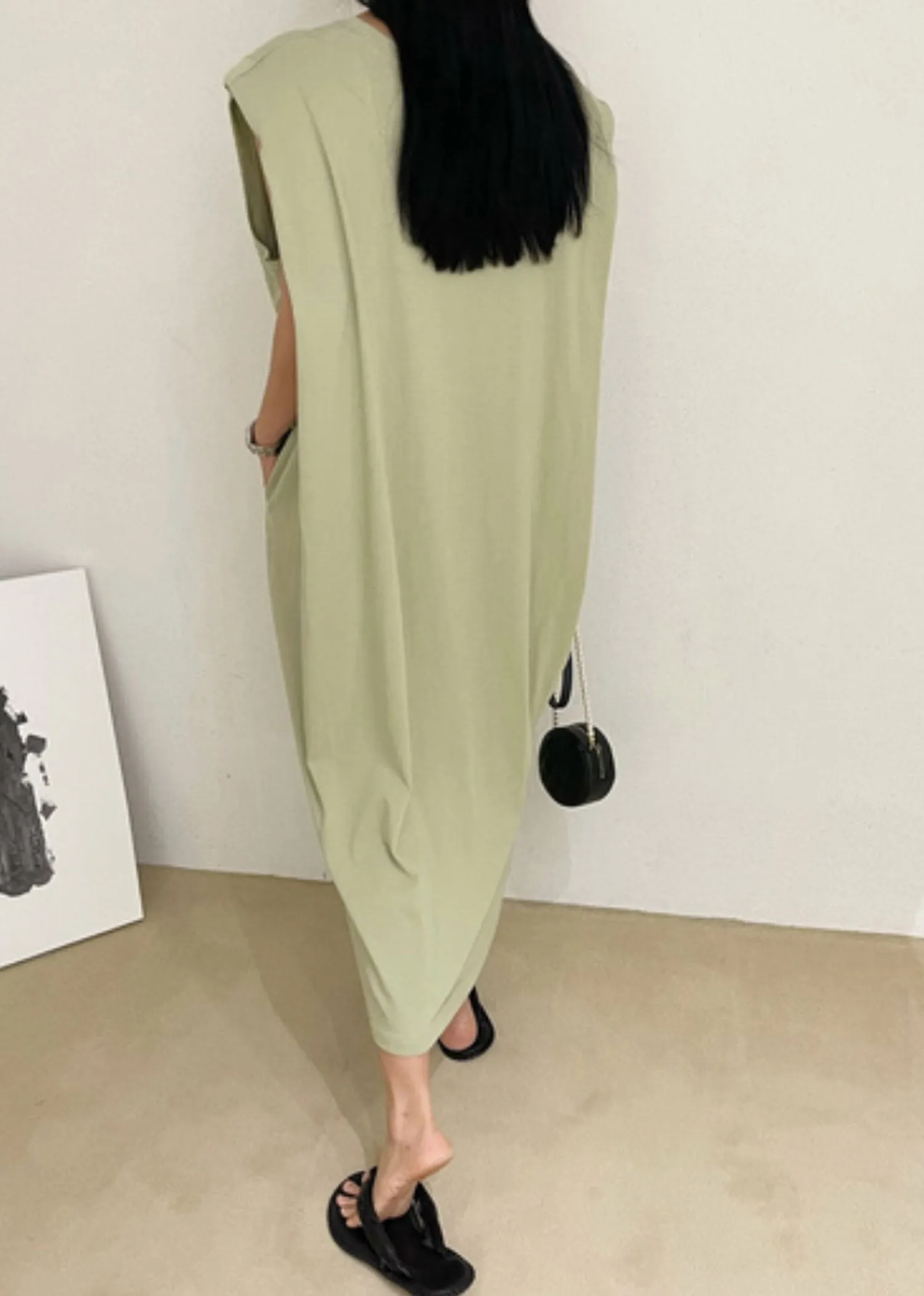 Sleeveless Padded Shoulder Long Dress in Khaki