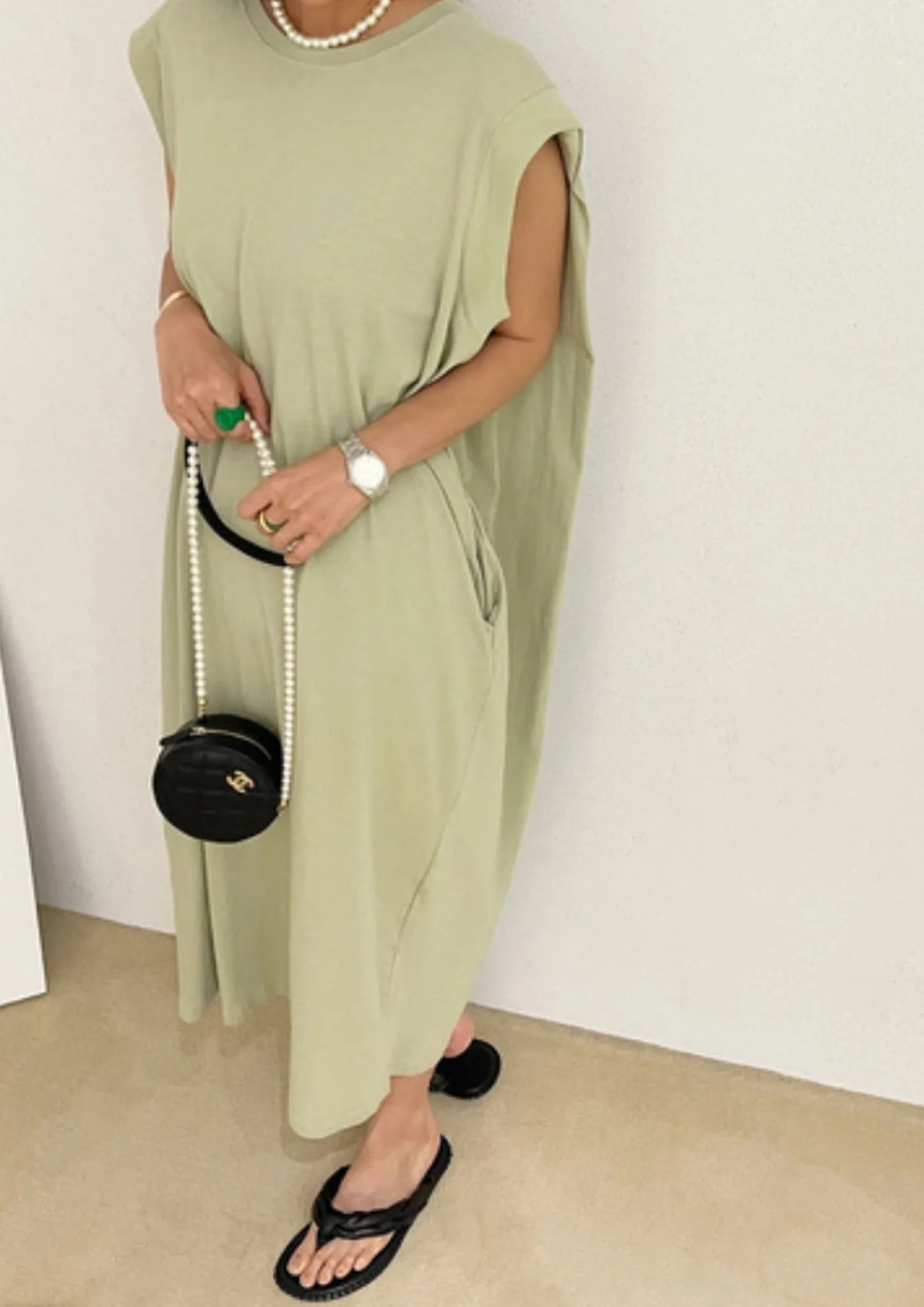 Sleeveless Padded Shoulder Long Dress in Khaki