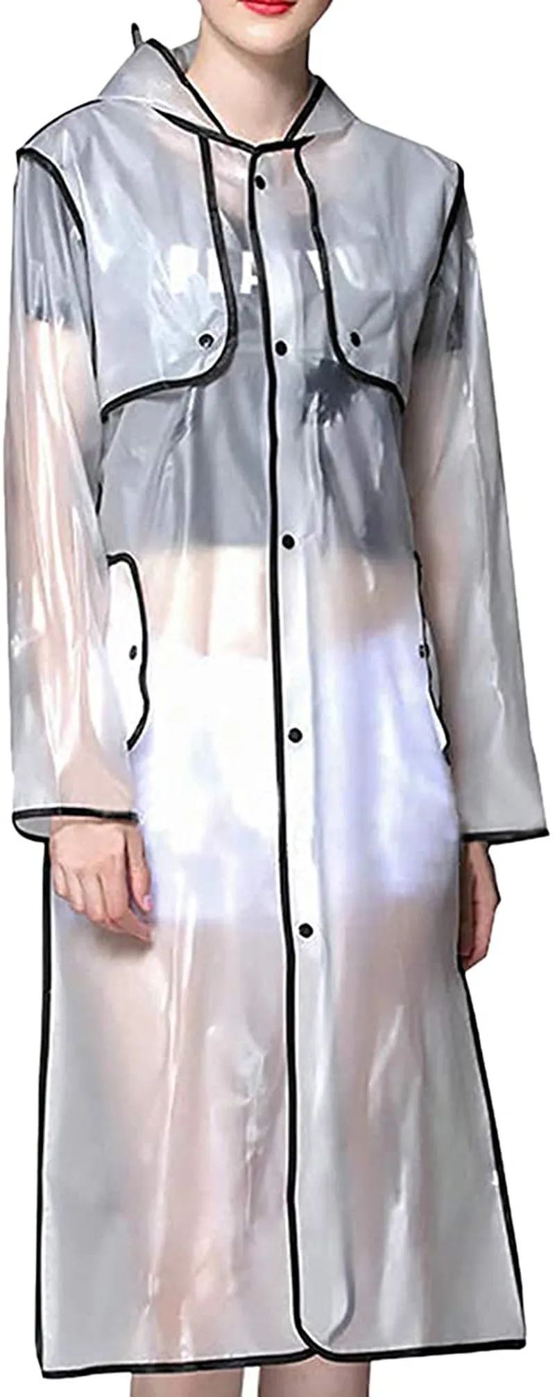 THOMAS HOME Transparent Fashionable EVA Vinyl Women's Waterproof Raincoat Runway Style with Hood