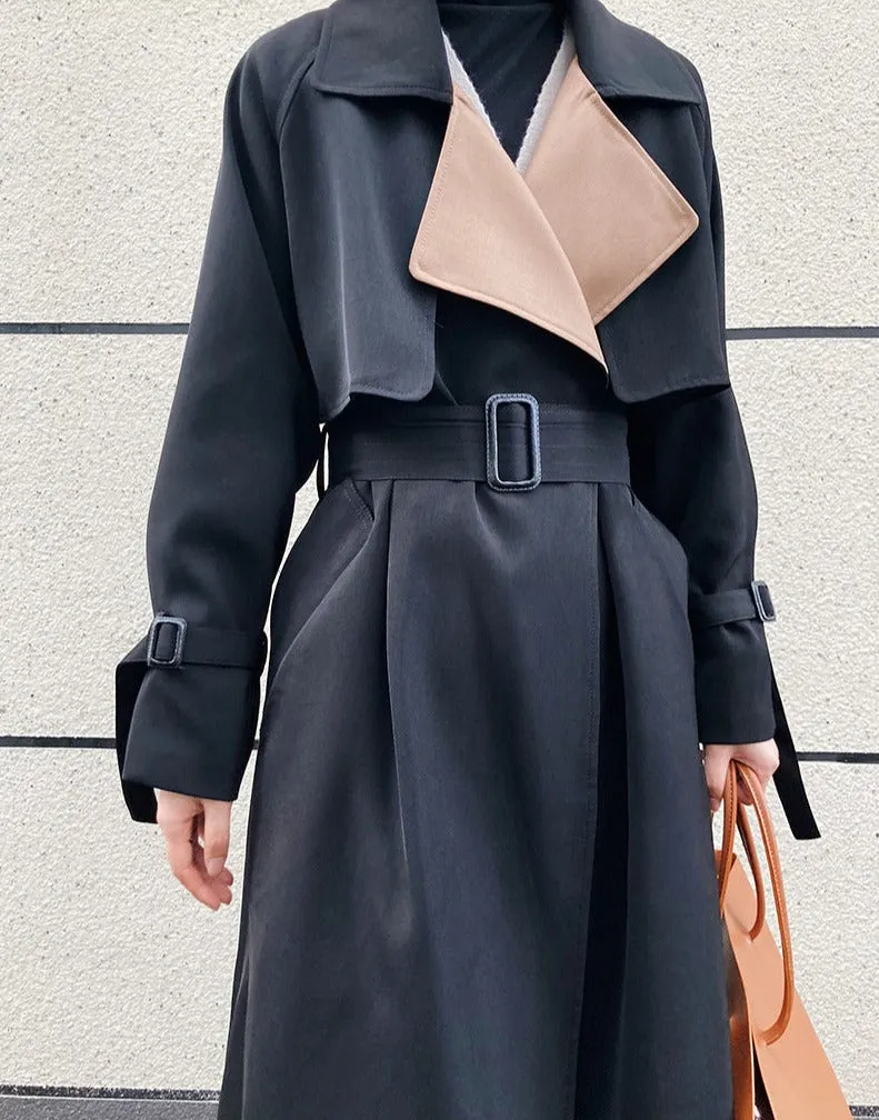 Wjczt Elegant Patchwork Lapel Women Trench Coat Autumn Winter Ladies Overcoats Full Sleeve Belted Loose Female Long Jacket