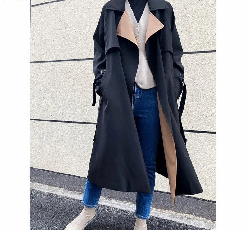 Wjczt Elegant Patchwork Lapel Women Trench Coat Autumn Winter Ladies Overcoats Full Sleeve Belted Loose Female Long Jacket