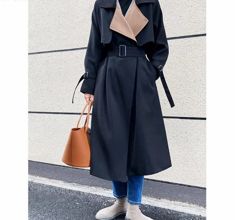 Wjczt Elegant Patchwork Lapel Women Trench Coat Autumn Winter Ladies Overcoats Full Sleeve Belted Loose Female Long Jacket