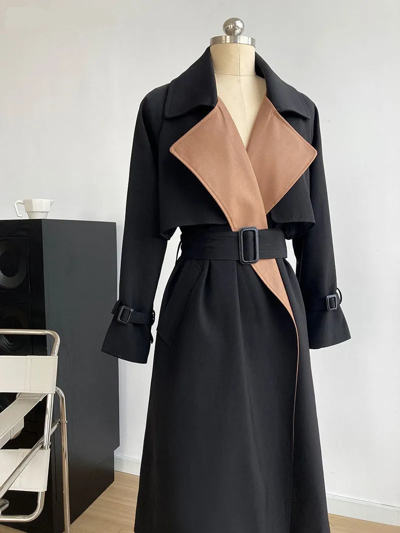 Wjczt Elegant Patchwork Lapel Women Trench Coat Autumn Winter Ladies Overcoats Full Sleeve Belted Loose Female Long Jacket