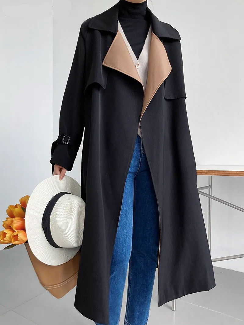 Wjczt Elegant Patchwork Lapel Women Trench Coat Autumn Winter Ladies Overcoats Full Sleeve Belted Loose Female Long Jacket