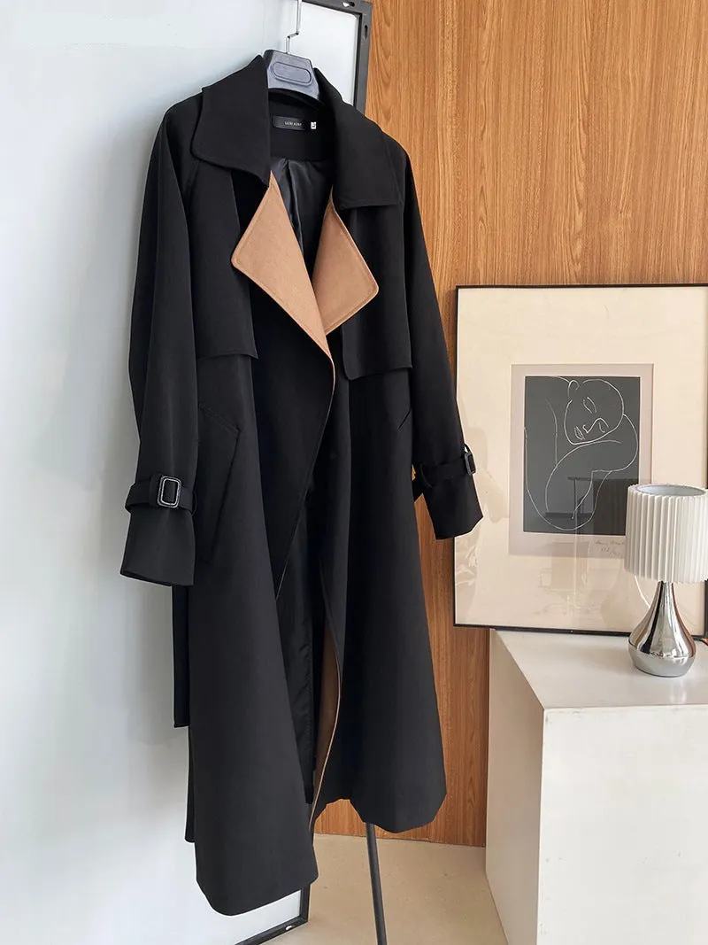 Wjczt Elegant Patchwork Lapel Women Trench Coat Autumn Winter Ladies Overcoats Full Sleeve Belted Loose Female Long Jacket