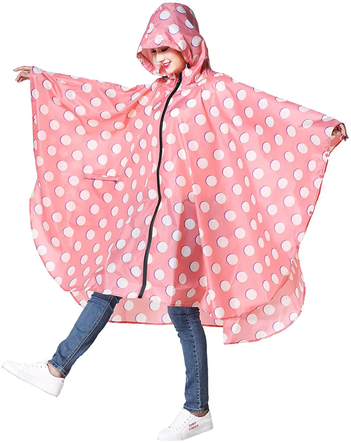 Womens Rain Poncho Stylish Polyester Waterproof Raincoat Free Size with Hood Zipper Styles