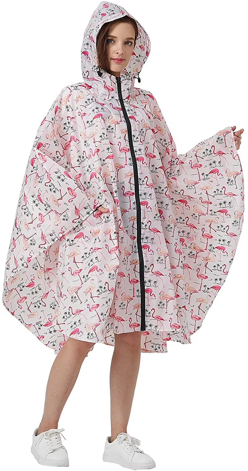 Womens Rain Poncho Stylish Polyester Waterproof Raincoat Free Size with Hood Zipper Styles